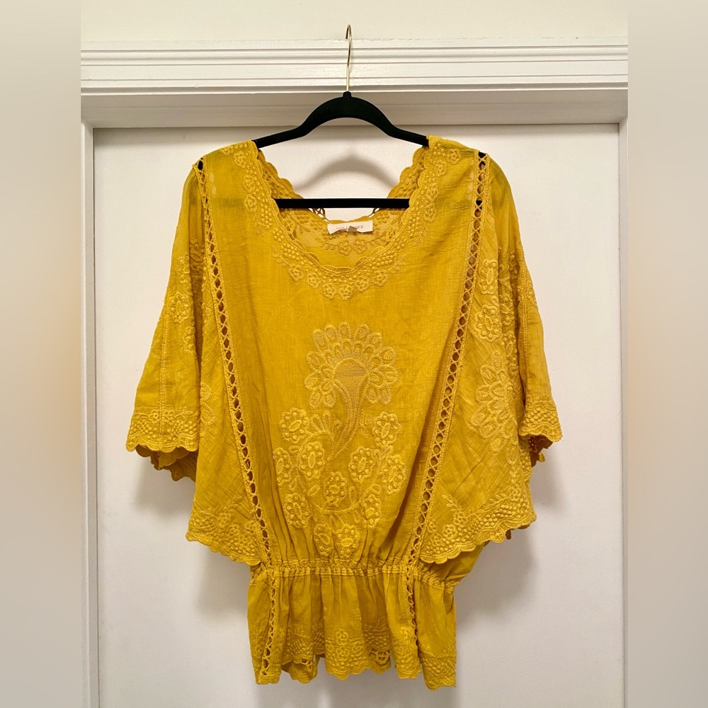 Anthropologie Solitaire Top Size Small Mustard Yellow Boho Embroidered Gypsy